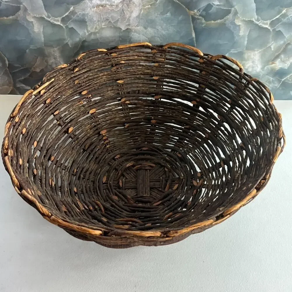 Antique Rustic Handmade Woven Scalloped Willow Reed Basket Centerpiece
